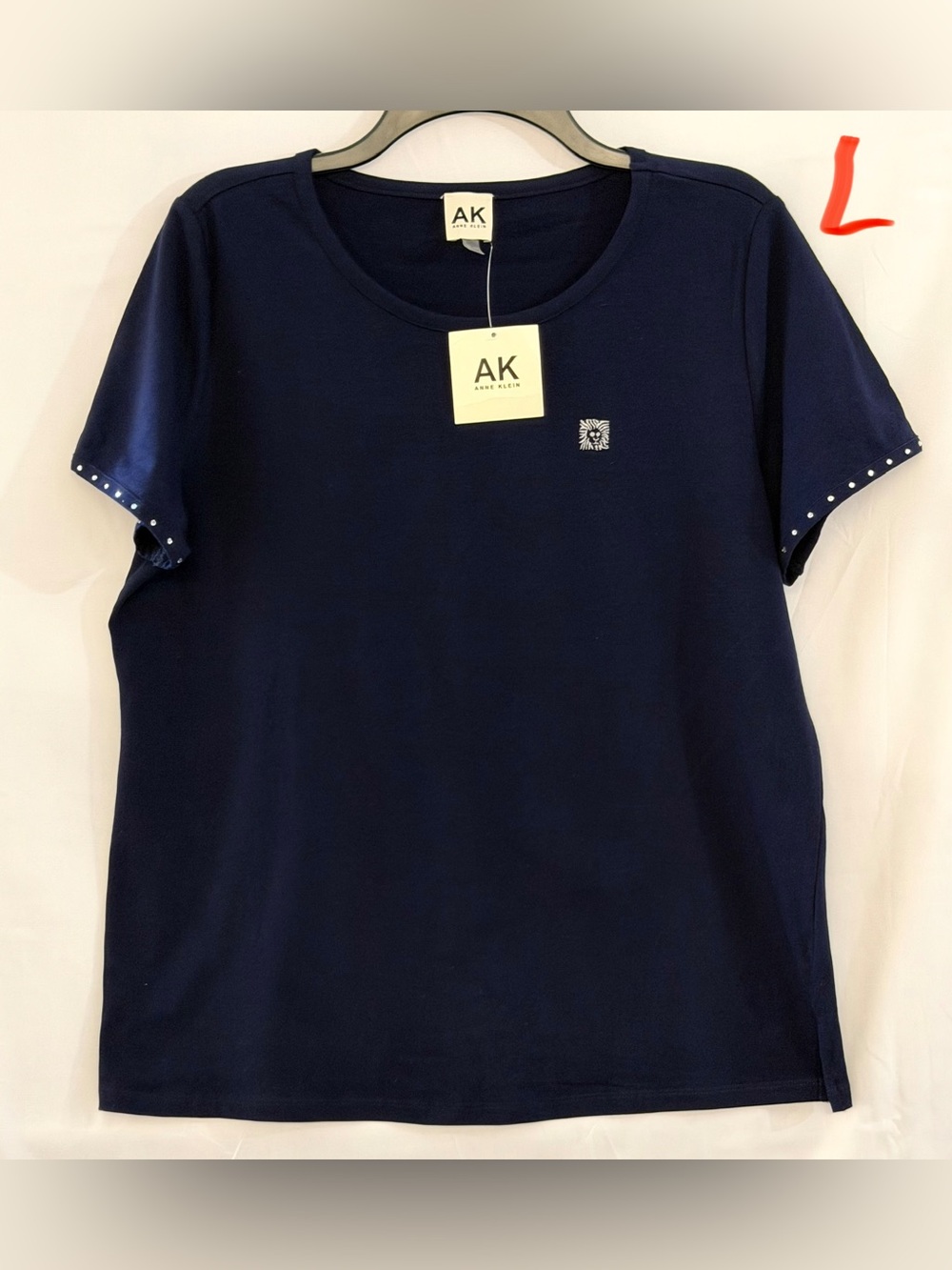 Anne Klein Navy Short Sleeve Tee with Studded Sleeve Trim